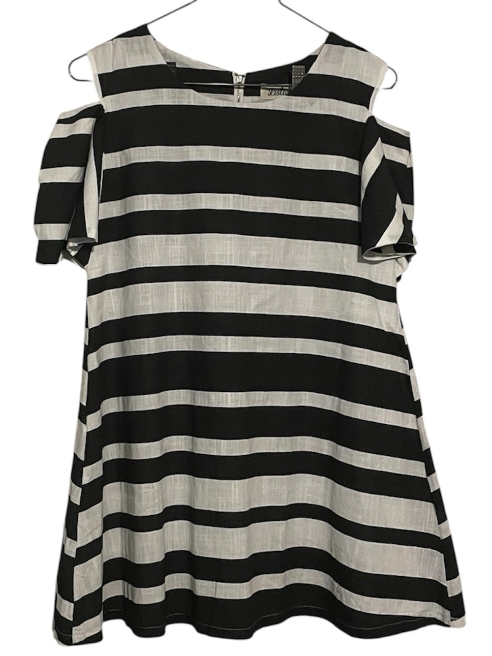 Listicle Black and White Striped Cold-Shoulder Midi Dress